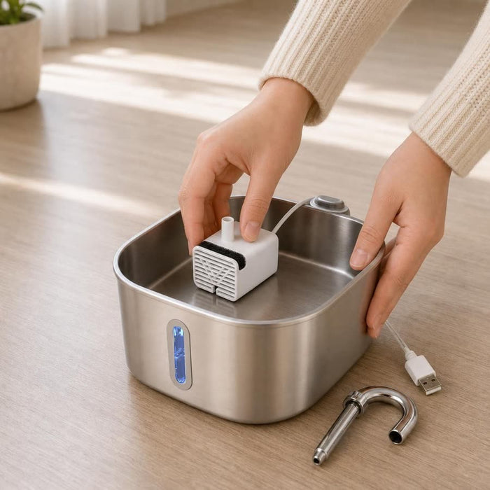 Deux mains posent la pompe au fond de la cuve, le câble USB à côté