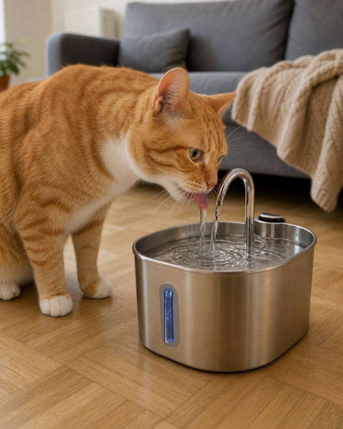 Un chat roux tigré boit au filet d'eau de la fontaine inox