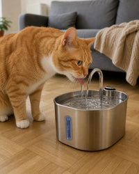 Un chat roux tigré boit au filet d'eau de la fontaine inox