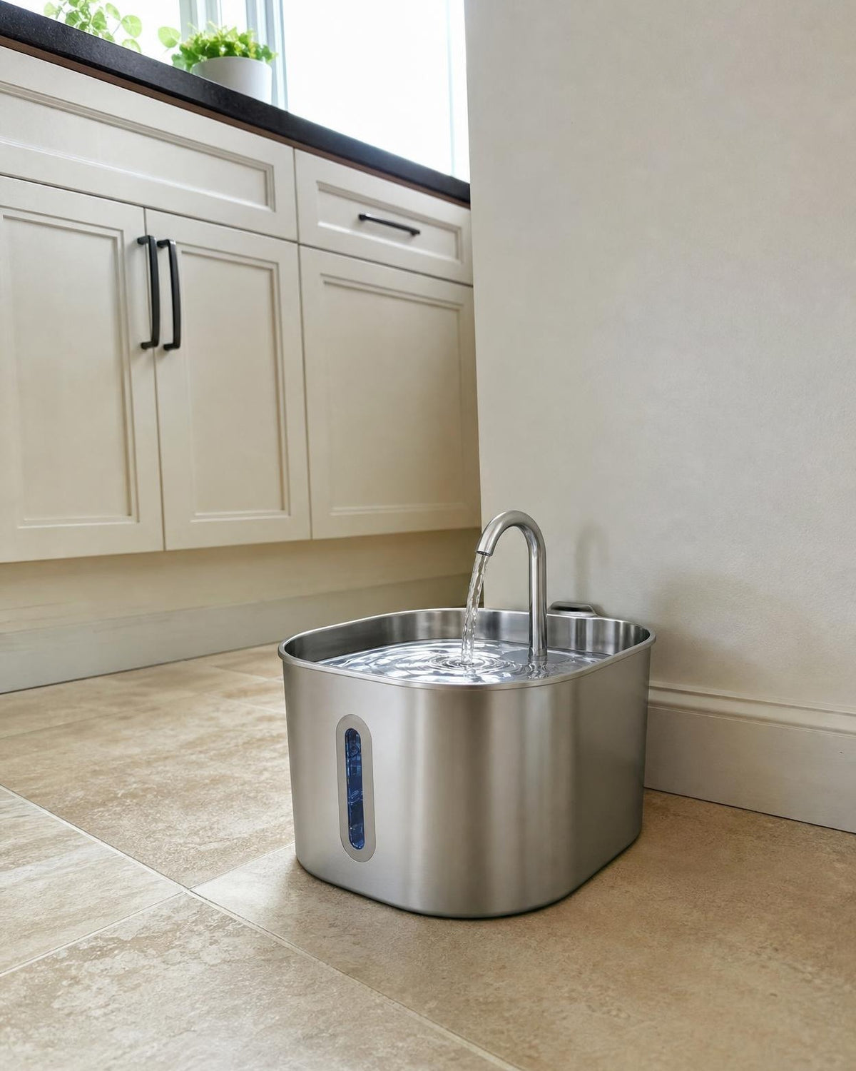 La fontaine posée au sol dans une cuisine