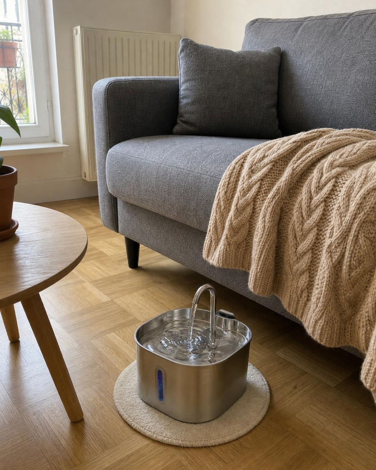 La fontaine posée sur un tapis rond à côté d'un canapé gris